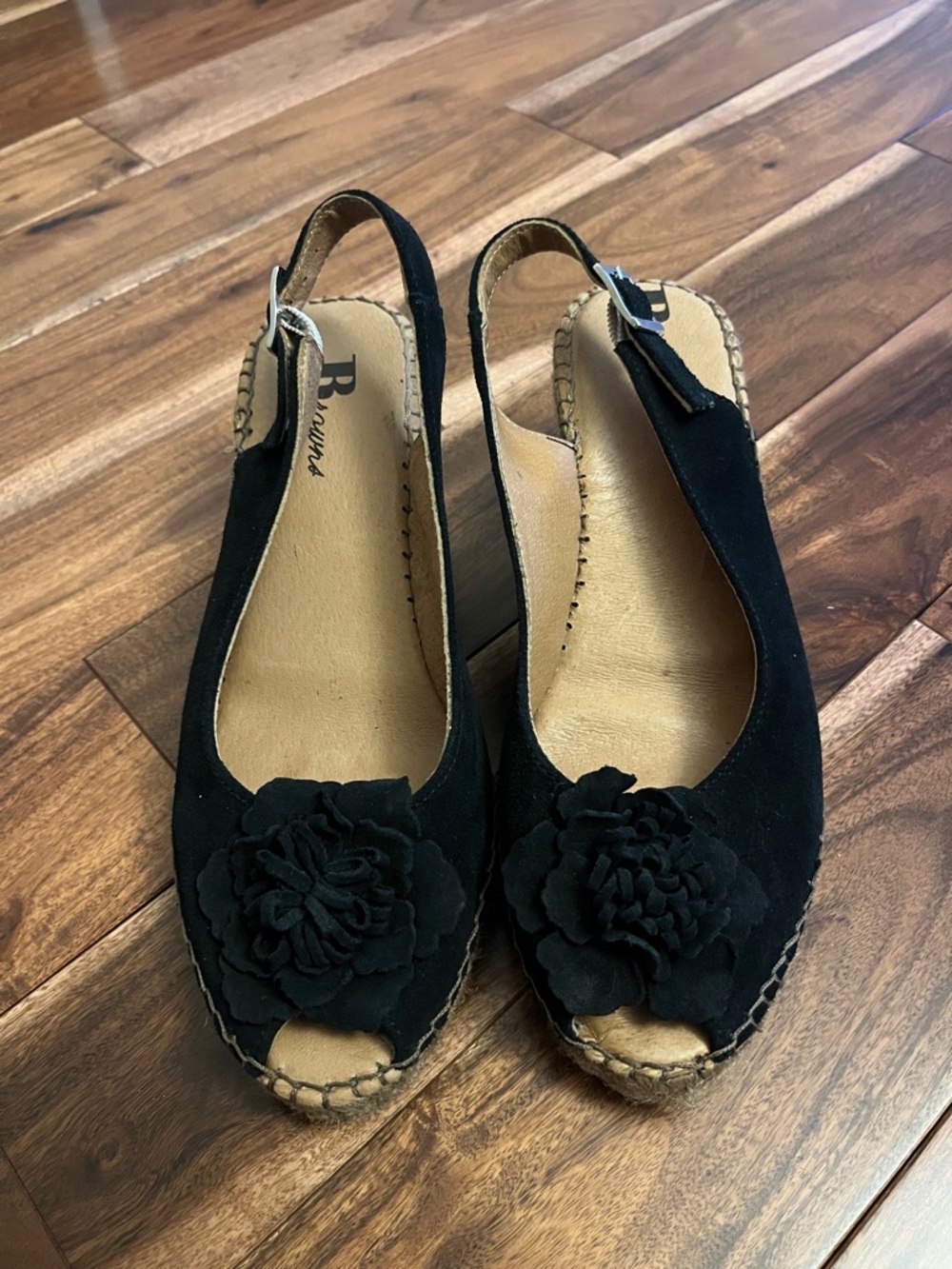 Black Suede Peep-Toe Slingback Wedges with Floral Accent